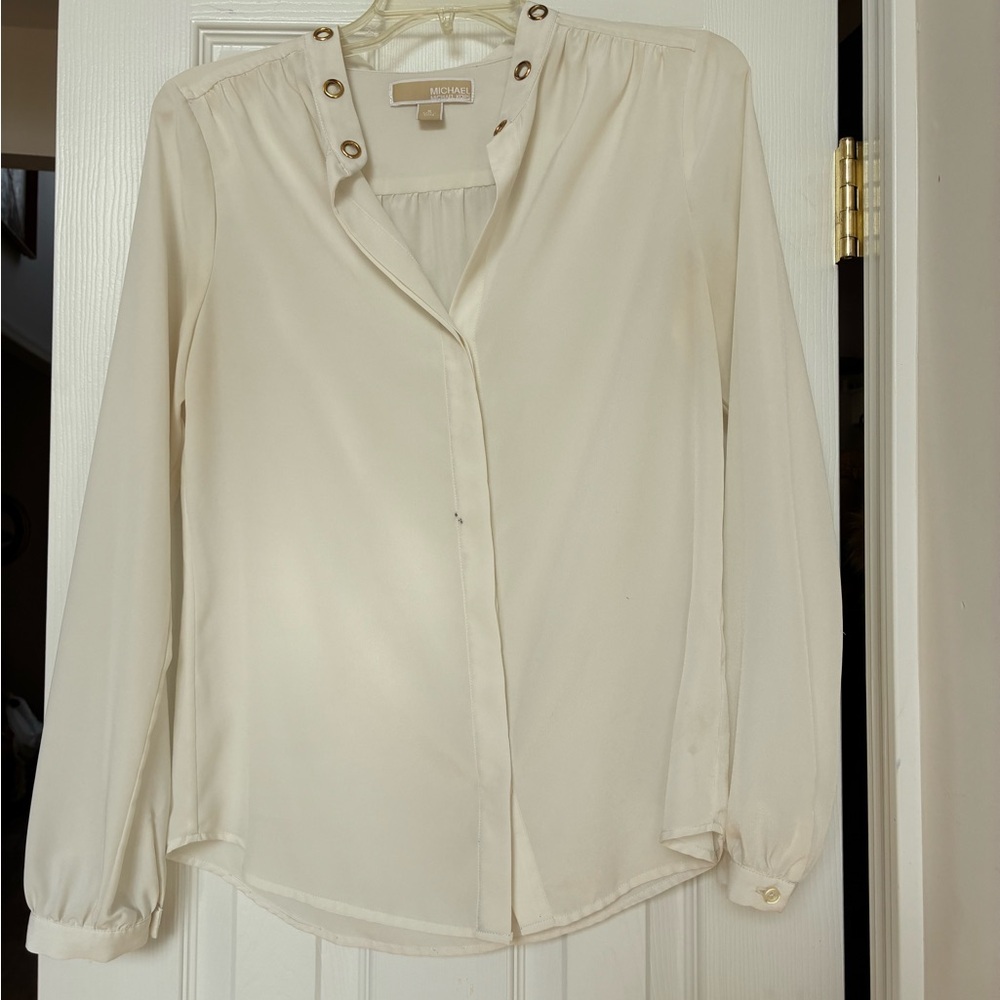 Michael Kors Cream Long-Sleeve Button-Neck Blouse